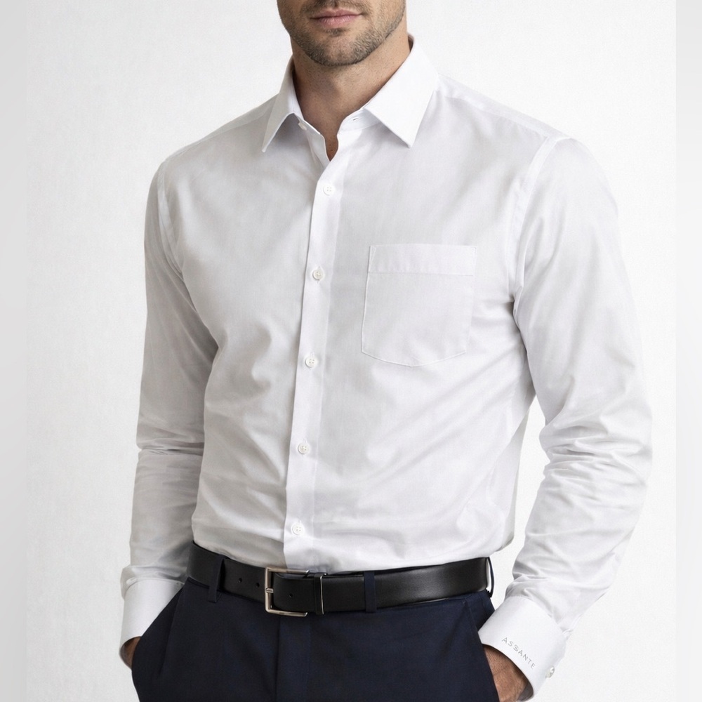 ASSANTE Men’s White Button-Down Dress Shirt with Chest Pocket (1146-1)